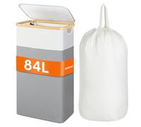 BrilliantJo Laundry Hamper with lid, 84L Laundry Basket Washing Basket with Removable Bag & Bamboo Handles, Foldable Laundry Bin Organizer, 70H x 40Lx 30W cm, Beige+Grey
