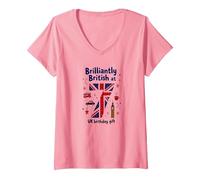 Brilliantly British at 7 UK Birthday Gift V-Neck T-Shirt, Women, Pink, S