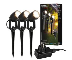 BRILONER - Connect to Shine 12V Garden System Set of 3 LED Spotlights with Ground Spike Base Set with Transformer, IP65, Warm White Light, Garden Light, LED Garden Spotlight, 25.5 x 4 cm, Black