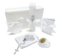 Brilucky Baptism Candle Set for Boys & Girls, White 5 PCS Kit Virgen De Guadalupe Catholic Candle, Towel, Shell, Rosary, Bible Baby Dedication Christening Gift, Velas para Bautizo Niño