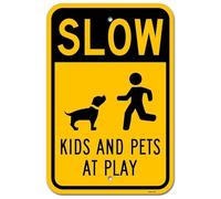 Brimar -12" x 18" Slow Kids and Pets at Play Sign - Engineering Grade Reflective Aluminum - Highly Visible Warning - Promotes Caution in Residential Areas - Easy Installation