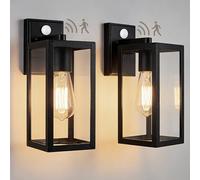 BRIMMEL Outdoor Wall Lights with Motion Sensor, Die-Cast Aluminium Black Outside Porch Lights Mains Powered with PIR Sensor, E27 Dusk to Dawn Exterior Security Lantern for Porch Front Door, 2 Packs