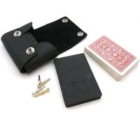 Brimtoy Black Leather travel cribbage set - Pocket sized leather hinge board complete with 4 metal pegs, playing cards and instructions with handy pouch - board size approx 18cm -Made in Britain