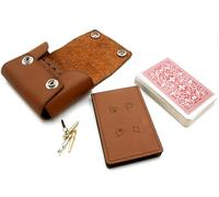 Brimtoy Brown Leather travel cribbage set - Pocket sized leather hinge board complete with 4 metal pegs, playing cards and instructions in handy pouch - board size approx 18cm -Made in Britain