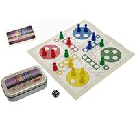 Brimtoy pocket version of traditional ludo - supplied with reusable mat, counters and dice contained in a handy size tin for easy storage and travel