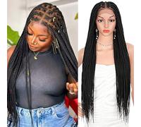 Brinbea 36 inch 13X8" HD Lace Front Knotless Box Braided Wigs Black Braided Wig with Baby Hair Human Hair Blended Lace Frontal Box Braid Wigs for Women