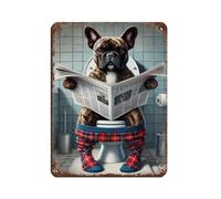 Brindle French Bulldog on Toilet Retro Poster Metal Tin Sign Chic Art Retro Iron Painting Bar People Cave Cafe Family Garage Poster Wall Decoration 12x16inch(30x40cm)