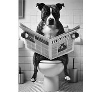 Brindle & White Staffy On Toilet Reading Newspaper - Funny Staffordshire Bull Terrier Print Bathroom Loo Restroom Wall Art Picture Sign - Quirky Wall Art - Dog Print (A4 Size - Black & White)