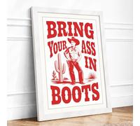 Bring Your Boots West Retro Framed Wall Art Print A3 (42×29.7cm) White, Wall Decor for Living Room, Bedroom, Office & Home, Ready to Hang, Art Gift