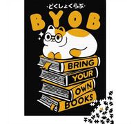 Bring Your Own Books Poster, Cute Reading Cat Jigsaw Puzzle, 1000 Piece