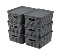 Bringer 6 Pack Plastic Woven Storage Basket with Lid, Stackable Lidded Storage Bins for Bathroom Kitchen Pantry Classroom, Grey