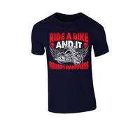 Brings Happiness T-Shirt Mens Winged Motorcycle Skull Graphic Biker Enthusiasts Ride a Bike Cool Rider Shirt Party Wear Style Navy - 2XL