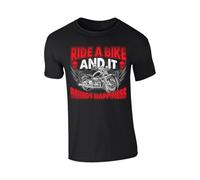 Brings Happiness T-Shirt Mens Winged Motorcycle Skull Graphic Biker Enthusiasts Ride a Bike Cool Rider Shirt Party Wear Style Black - L