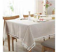 Bringsine Stripe Tassel Tablecloth Cotton Linen Stain Resistant Dust-Proof Table Cloth Cover for Kitchen Dinning Tabletop Decoration (Rectangle/Oblong,55 x 71 Inch, Beige)
