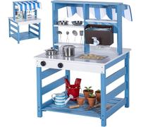 BRINJOY Mud Kitchen, Kids Kitchen Playset, Double-Sided Wooden Outdoor Mud Kitchen with Realistic Faucet, Removable Sink, Cooking Toys, Menu, Backyard Mud Table, Gift for Boys Girls (blue)