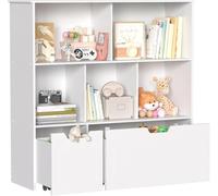 BRINJOY Toy Storage Organizer with 2 Movable Drawers, 3-Shelf Kids Bookcase Children's Toy Chest Cabinet for Playroom Bedroom Daycare Nursery School, 5 Cubes Montessori Bookshelf (White)