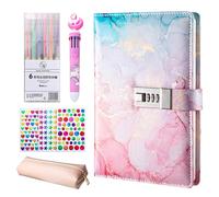 Brinny Diary with Lock for Girls, Notebook Password Protected Journals, Lined Private Diary Hard Cover A5 with 3 Stickers & 6 Highlighters & 10-in-1 Ballpoint Pen & Pencil Case