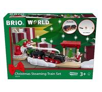 BRIO World 36014 Battery Steam Train Christmas Set - From the Chimney of the Engine Flows Cold Water Steam - Large Rail Layout for a Round Tour Around the Christmas Tree, Recommended from 3 Years