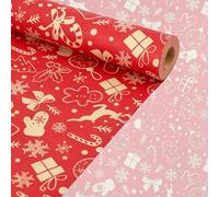 Briocht Christmas Wrapping Paper Roll for Gifts,Red Recyclable Kraft Vintage Gift Wrap with Reindeer, Gloves,Socks Patterns,Traditional Xmas Wrapping Paper for Party,Holiday Decorations 43cm x 10m