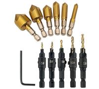 BRIOTA 12 Pcs Countersink Drill Bits Set, Titanium Coated High Speed Steel Counter Sinker Drill Bits with 1/4" Hex Shank, 5 Flute 90° Chamfer Tool (6mm-19mm) for Wood, Plastic, PVC, and Soft Metal