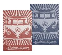 BRISA VW Collection - Volkswagen Dish Drying Kitchen Tea Towel 2-piece Set Cotton and Linen in T1 Bus Campervan Design (Samba Stripes/Red)