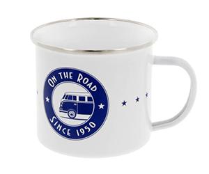 BRISA VW Collection - Volkswagen Large Enamel Coffee-Tea Mug Cup for Camping & Outdoor T1 Bus Campervan (500 ml/16.9 fl oz/On The Road/White)