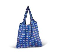 BRISA VW Collection - Volkswagen Reusable Polyester Shopping Bag Grocery Sack with T1 Bus Campervan Motif (Bus Parade/Blue)