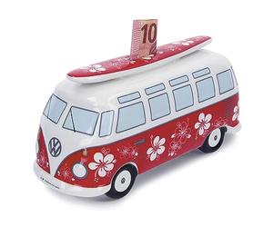 BRISA VW Collection - Volkswagen Savings Bank Piggy Bank with Surfboard in T1 Campervan Bus Samba Design (Flower Power/Red)