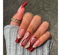 Brishow Coffin False Nails French Long Fake Nails Glitter Lines Press on Nails Ballerina Acrylic Stick on Nails 24pcs for Women and Girls (red)