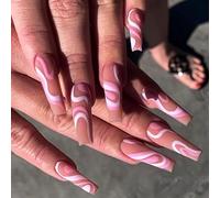 Brishow Coffin False Nails Long Fake Nails Pink Lines Press on Nails Ballerina Acrylic Stick on Nails 24pcs for Women and Girls