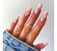 Brishow Coffin False Nails Pink Long Fake Nails French Flowers Press on Nails Ballerina Acrylic Stick on Nails 24pcs for Women and Girls (b)