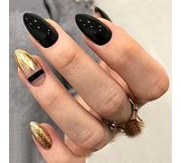 Brishow Coffin False Nails Short Fake Nails Gold Glitter Press on Nails Ballerina Acrylic Full Cover Stick on Nails 24pcs for Women and Girls (a)