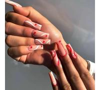 Brishow Coffin False Nails Valentine's Day Pink Long Fake Nails Red Heart Press on Nails Ballerina Acrylic Stick on Nails 24pcs for Women and Girls (B)