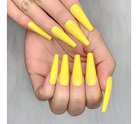 Brishow Coffin Long False Nails - Pure Color Ballerina Stick-On Full Cover Acrylic Press-On for Women and Girls (Yellow)