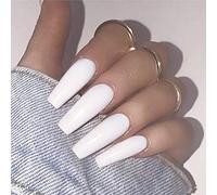Brishow Coffin Long False Nails - Pure Color Ballerina Stick-On Full Cover Acrylic Press-On for Women and Girls (White)
