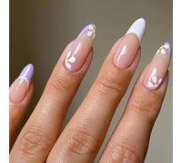 Brishow Coffin Short False Nails - Oval Press on Ballerina Acrylic Full Cover Stick on Nails - 24pcs for Women and Girls (a)
