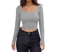 Briskorry Basic Long-Sleeved Shirt Women's Skims, Crop Tops Women's Black Long Sleeve Tops Tight Crop Tee Shirt Rectangular Neck Top Skims Athletic Clean Girl Clothes Solid Streetwear