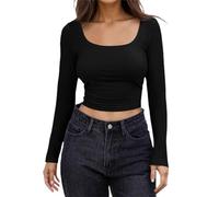 Briskorry Basic Long-Sleeved Shirt Women's Skims, Crop Tops Women's Black Long Sleeve Tops Tight Crop Tee Shirt Rectangular Neck Top Skims Athletic Clean Girl Clothes Solid Streetwear