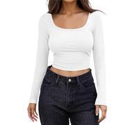 Briskorry Basic Long-Sleeved Shirt Women's Skims, Crop Tops Women's Black Long Sleeve Tops Tight Crop Tee Shirt Rectangular Neck Top Skims Athletic Clean Girl Clothes Solid Streetwear