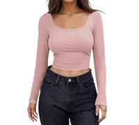 Briskorry Basic Long-Sleeved Shirt Women's Skims, Crop Tops Women's Black Long Sleeve Tops Tight Crop Tee Shirt Rectangular Neck Top Skims Athletic Clean Girl Clothes Solid Streetwear