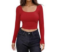 Briskorry Basic Long-Sleeved Shirt Women's Skims, Crop Tops Women's Black Long Sleeve Tops Tight Crop Tee Shirt Rectangular Neck Top Skims Athletic Clean Girl Clothes Solid Streetwear