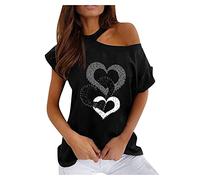 Briskorry Fashion Women's Off Shoulder Tops Sexy Glitter Plain T-Shirt Short Sleeve Tunic with Heart Shaped Print Comfortable Blouse Casual Elegant Casual Summer Tops