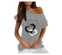 Briskorry Fashion Women's Off Shoulder Tops Sexy Glitter Plain T-Shirt Short Sleeve Tunic with Heart Shaped Print Comfortable Blouse Casual Elegant Casual Summer Tops