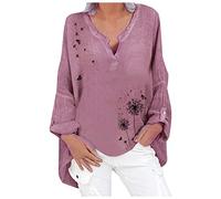 Briskorry Linen Blouse Women's Dandelion Print Blouse Tunic V-Neck Long Sleeve Shirt Large Sizes Cotton Linen Shirt Elegant Long Sleeve Tops Tunic Loose Long Tops