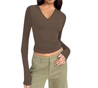Briskorry Long Sleeve Shirts for Women, Crop Tops Y2K, Tops Crop Tight T Shirts V-Neck Long Sleeve Blouse Y2K Elegant Clean Girl Clothes Basic Plain Streetwear Women