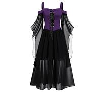 Briskorry Medieval Women's Renaissance Dress Medieval Gothic Dress Vintage Lace Maxi Dress Smocked Waist Trumpet Sleeves Party Dress Colour Block Off Shoulder Witch Dress Party