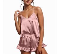 Briskorry Pyjama Set Women's Short Pyjamas Girls Short Pjs Two Piece Shorty Sleepwear Set V-Neck Sexy Cami Top and Pyjama Bottoms Sleepwear Casual Lightweight Negligee Plain Halloween