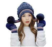Briskorry Thickened Plush Winter Hat Gloves Women's Warm Beanie Knitted Hat Soft Pom Knitted Hat Scarf Large Sizes Bobble Hats Gift for Outdoor Sports