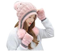 Briskorry Thickened Plush Winter Hat Gloves Women's Warm Beanie Knitted Hat Soft Pom Knitted Hat Scarf Large Sizes Bobble Hats Gift for Outdoor Sports