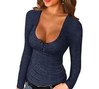 Briskorry Women's Elegant Plain Blouse Button Placket Patchwork Sweatshirt Tunic Slim Fit Basic Shirt Sexy Pullover with Crew Neck Casual Tunic Top